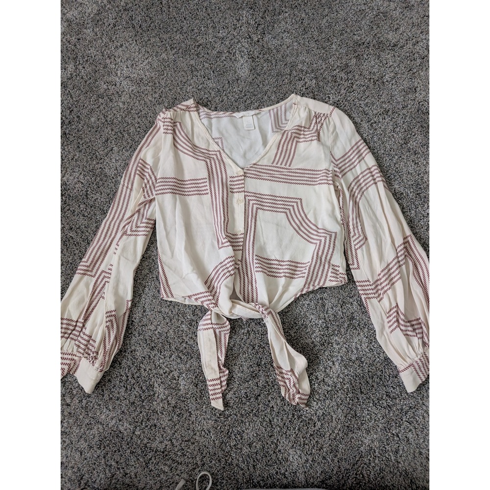 HM Cream Burgundy Geometric Rope Print Tie Front Cropped Blouse Womens Size 0